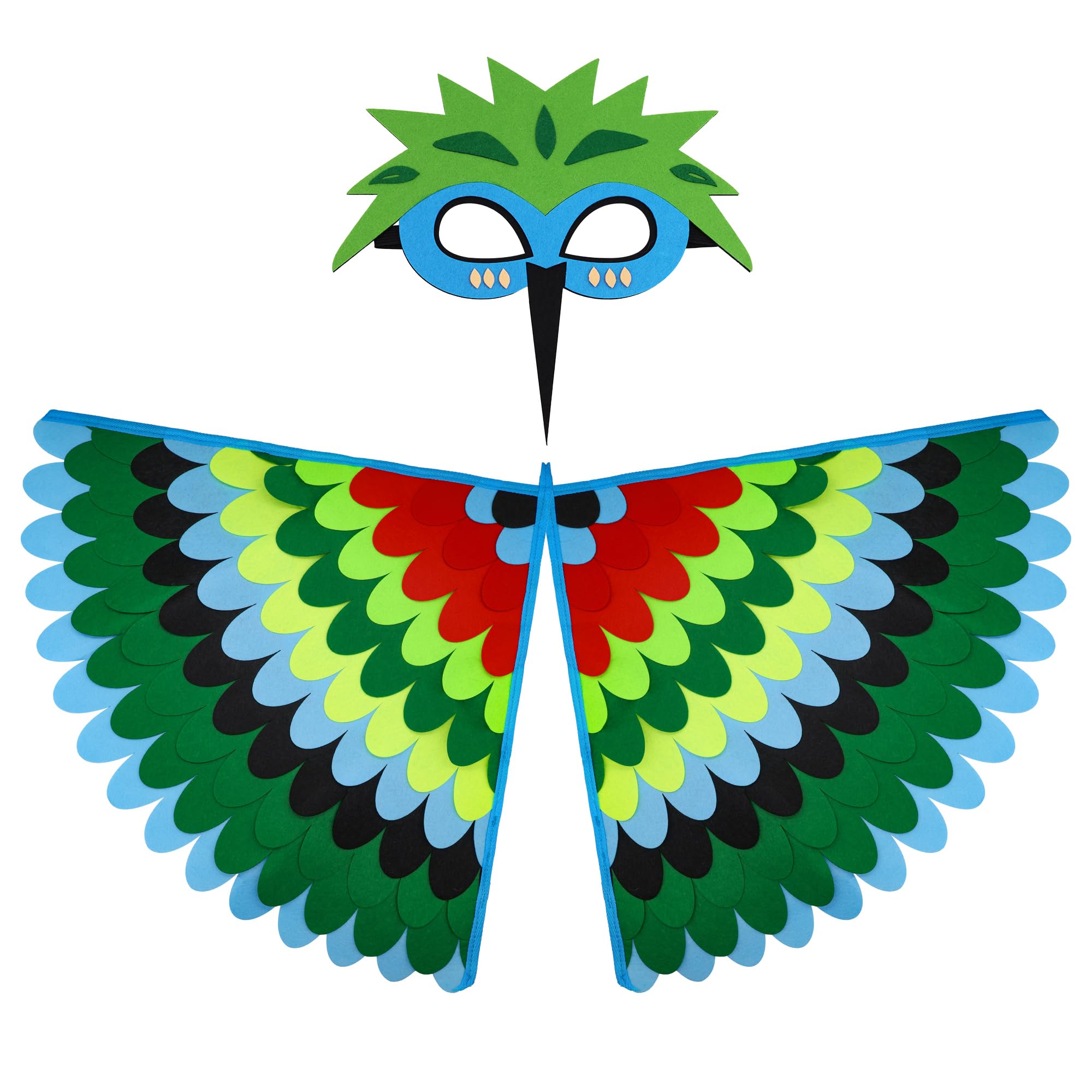 Topways Felt Bird Capes Wings and Masks Costume for Kids, Colorful Peacock Flamingo Falcon Hummingbird Fancy Dress Up Party Favors (Hummingbird Green)