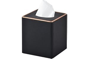 RHCSZ Linen Square Tissue Box Cover,Cube Tissue Box Holder－Excellent Rosegold Leather Decoration,Table Napkin Case Dispenser,Facial Tissues Organizer with Magnetic Bottom for Home Office Car(Black)