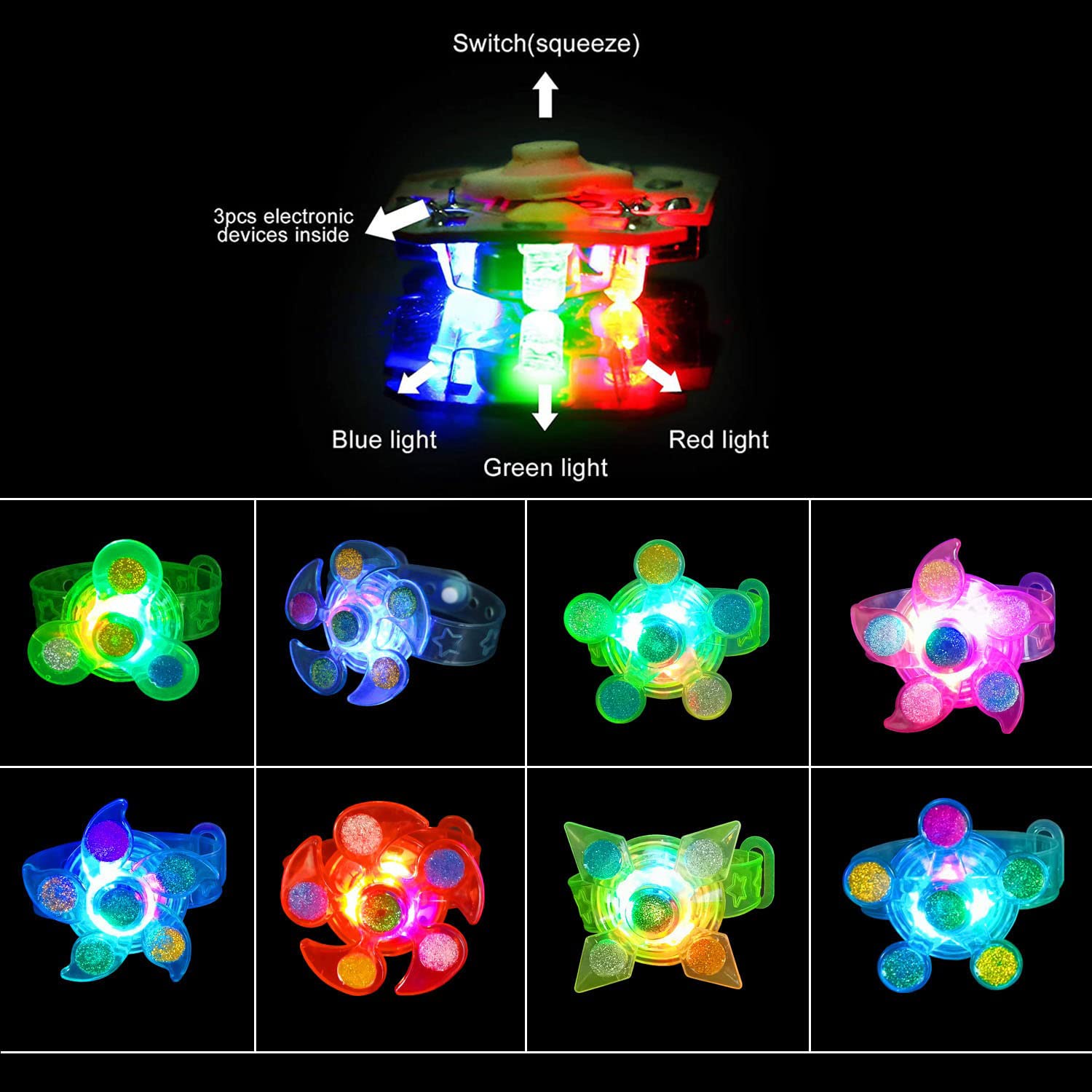 25 Pack LED Light Up Fidget Spinner Bracelets Party Favors for Kids 4-8 8-12, Glow in The Dark Party Supplies, Treasure Box Toys for Classroom, Carnival Prizes, Pinata Goodie Bags Stuffers
