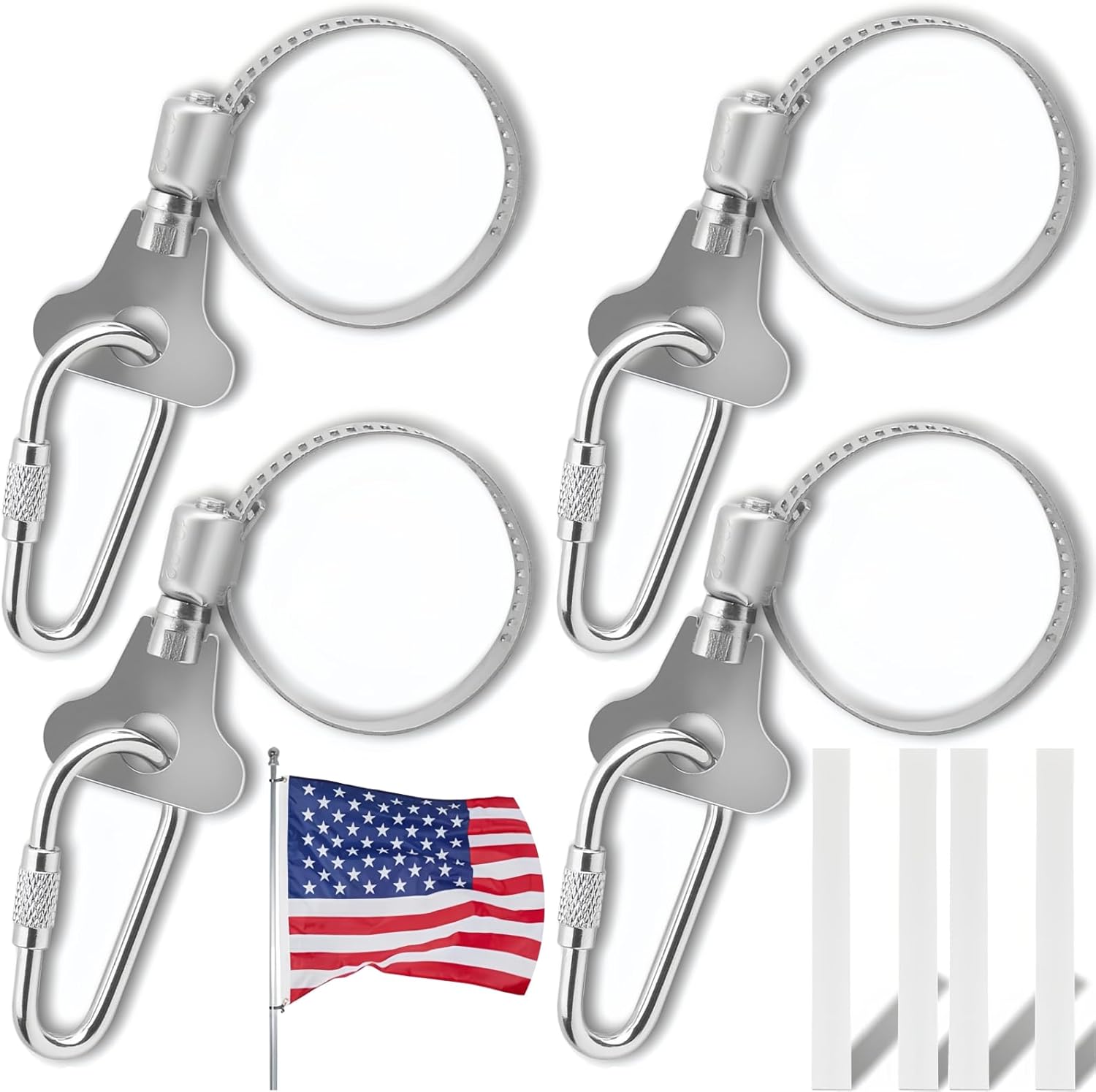 Flagpole Hardware - lcusepu 4 Pack Flag Pole Rings, Upgrade Stainless Steel Flag Pole Clips, Flag Clips with Carabiner for 0.7-1.2 Inch Diameter Flagpole, Flagpole Rings for Outside House, Vehicle, Yacht, Boat Flag Pole
