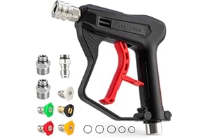 GALELEOPARD Short Pressure Washer Gun with 1/4" Quick Connector, 4350 PSI High Pressure Washer Gun with 5 Spray Nozzle Tips, 3/8'' Male Plug and M22-14/15mm Fittings, Power Washer Gun Compatible with Foam Cannon