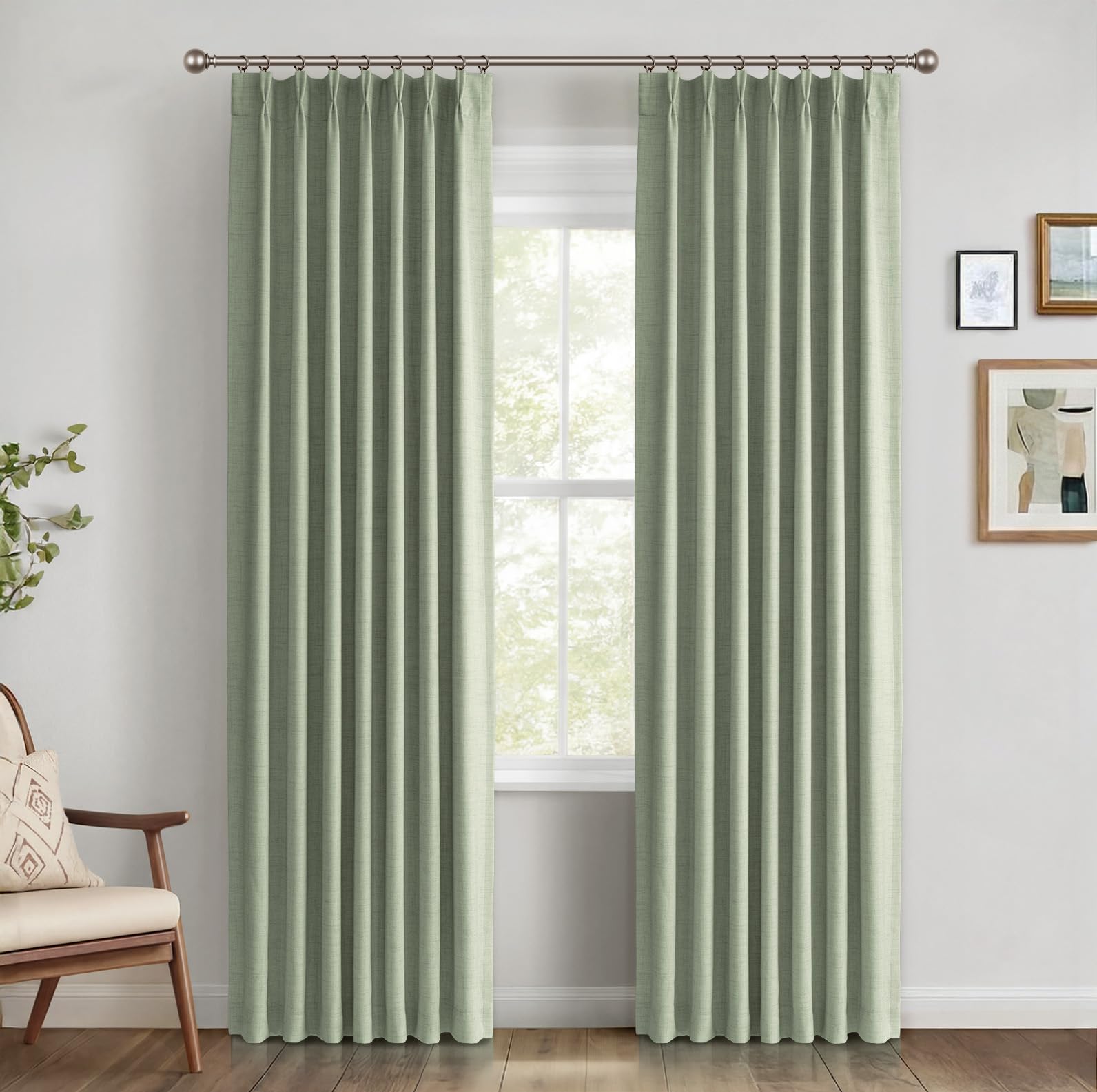 Photo 1 of 100% Blackout Shield Linen Look Textured Pinch Pleated Curtains Blackout Drapes 96 Inch Long 2 Panels Set, Faux Linen Blackout Curtains for Bedroom & Living Room, 40" W x 96" L, Sage Green