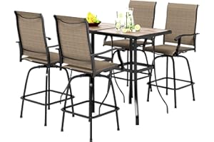 PHI VILLA Outdoor Patio Bar Set of 6, Patio Bar Table and Chair Set with Textilene Outdoor Swivel Bar Stools and Wood Like Bar Table, All-Weather Patio Bar Furniture Set for Garden, Brown