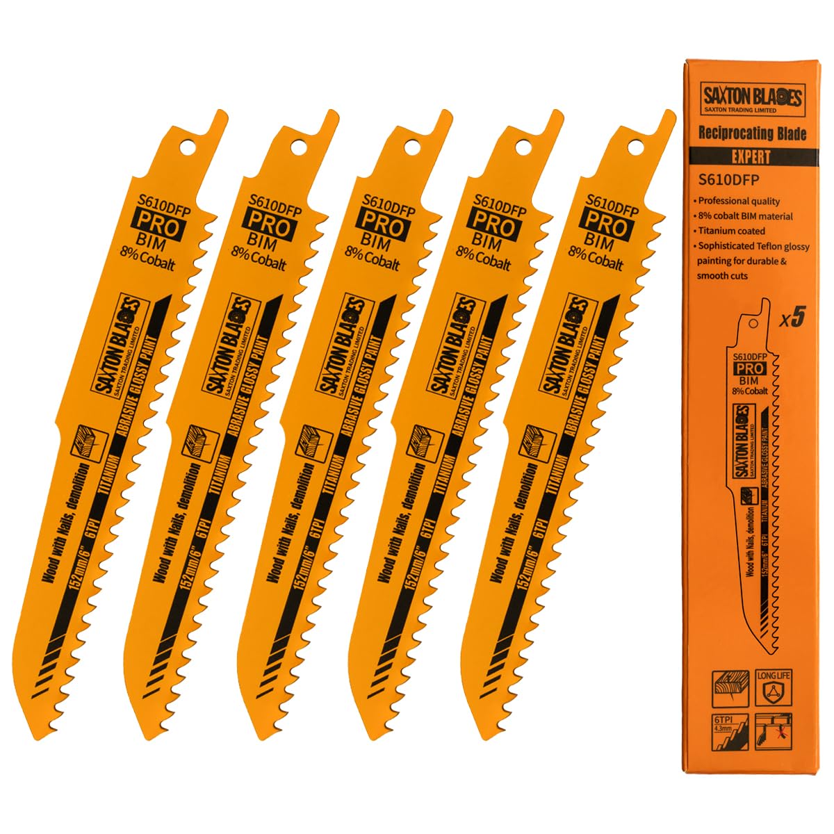 Saxton 150mm Professional Range Bi-Metal 8% Cobalt Reciprocating Saw Blade Wood Metal Demolition – S610DFP – Pack of 5