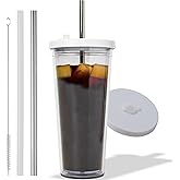 Kensal Home Reusable Iced Coffee Cup (24 Oz/Venti), Leak Proof and Double Wall Insulated Iced Coffee Tumbler, Come with Reusable Plastic and Metal Straws and Straw Cleaner - White