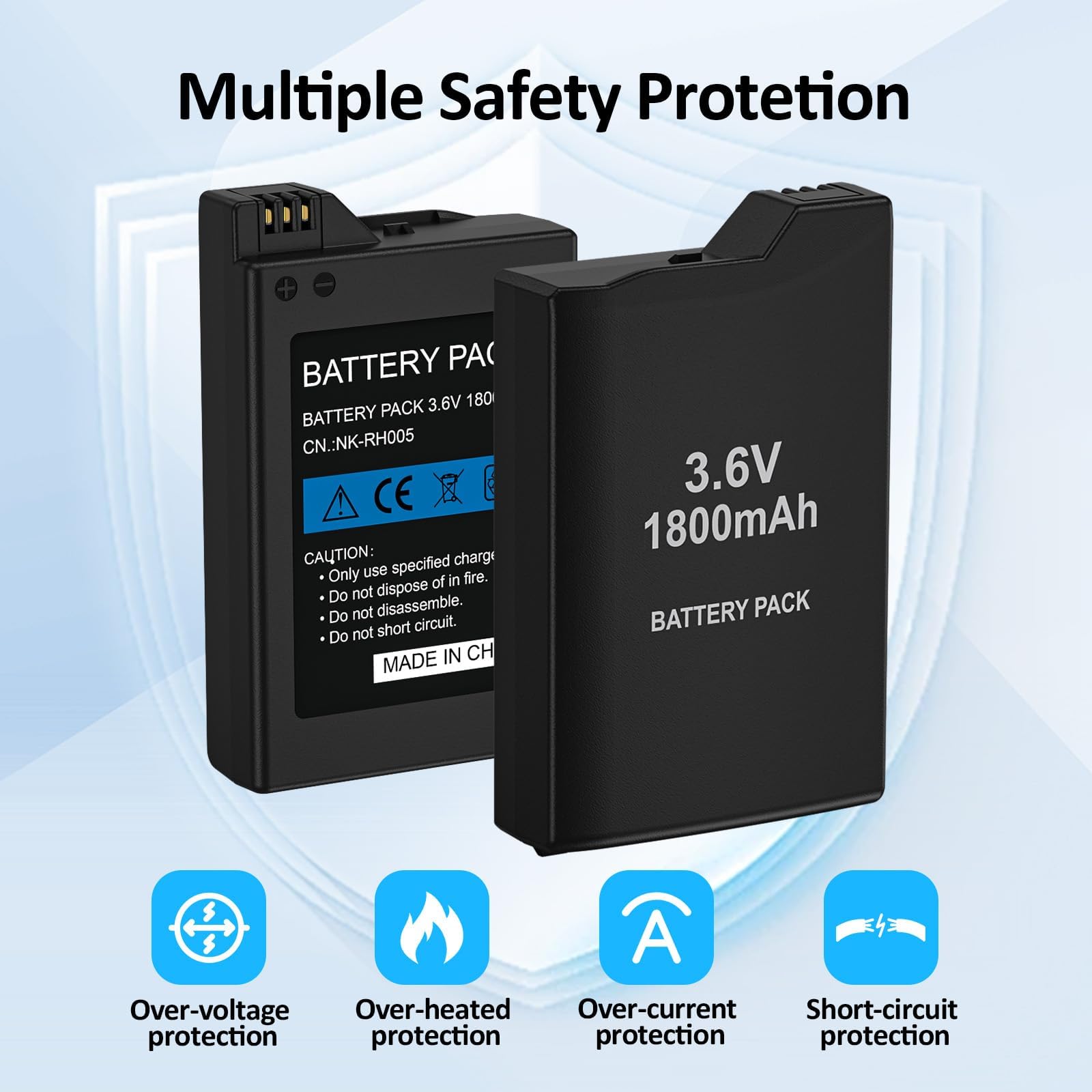 PSP Battery, 2Pcs 3.6v 1800mAh Lithium Polymer Replacement Batteries with USB Charging Cable for PSP 1000 1001, PSP-110 (1002, 1003, 1004, 1005, 1006, 1007, 1008, 1010), PSP Fat Console