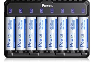 POWXS Rechargeable AA Batteries with Charger, 8 Count 2800mAh Ultra Durable and Low-self Discharge Ni-MH Double A Batteries, with Smart AA AAA Battery Charger（Independent Slot & Convenient Type C）