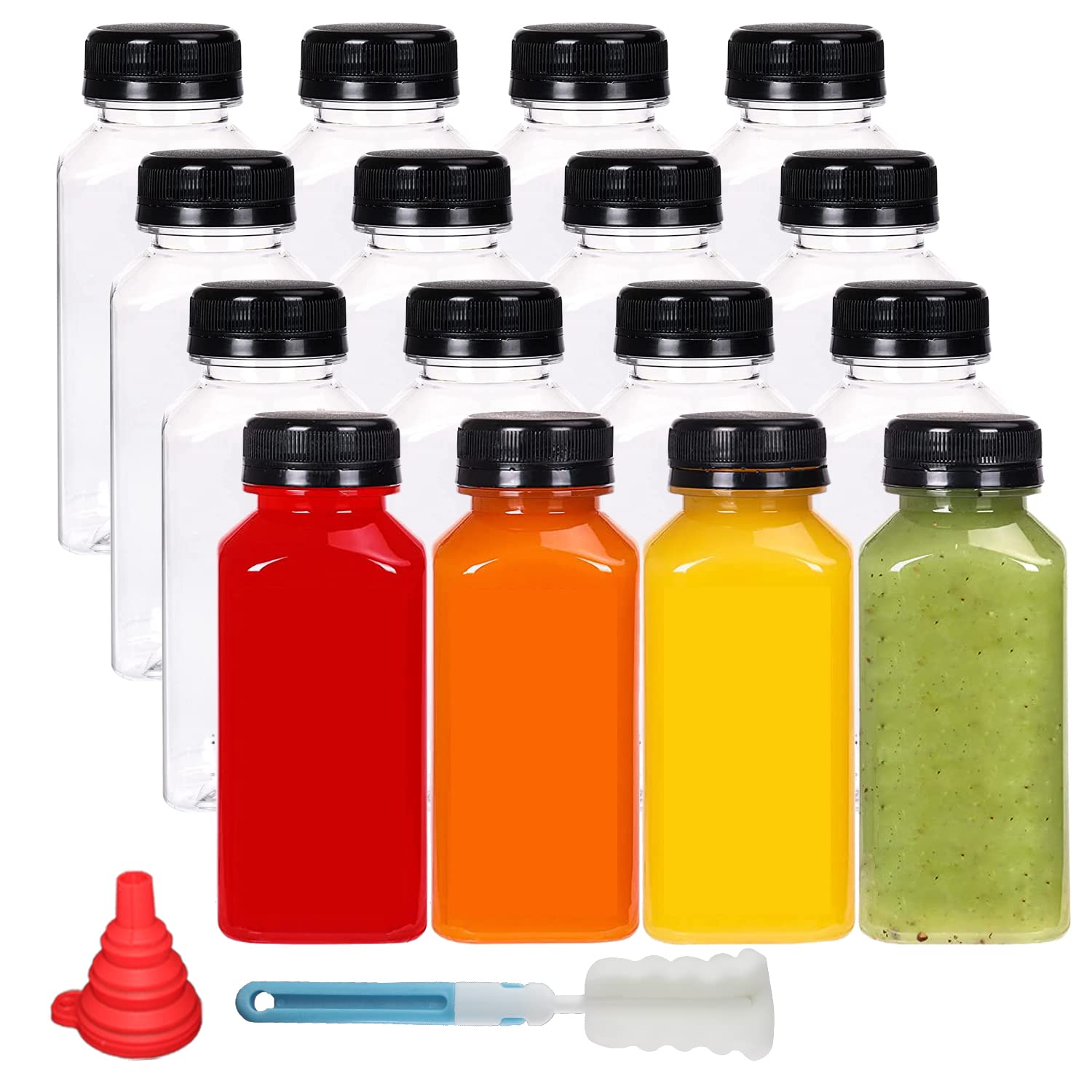 YBCPACK 16 Pack 8oz/250ml Plastic Juice Bottles with Tamper Seal Lids,Empty Reusable Bottles for Mini Fridge, Ideal for Smoothie,Juice,and Other Beverages