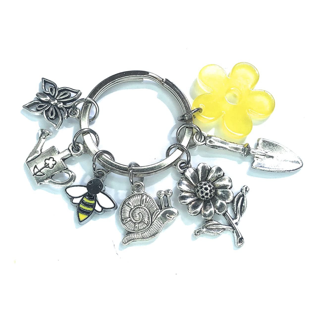 FizzyButton Gifts Gardening Charm Keyring Key Ring in Gift Bag with Sunflower, Garden Trowel, Watering Can, Snail, Butterfly, Yellow Flower and Bee Charms