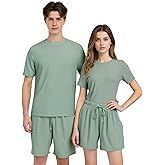 LANBAOSI Couples Matching Pajamas Sets Ribbed 2 Pieces Lounge Set Soft Short Sleeve Tops and Shorts Loungewear