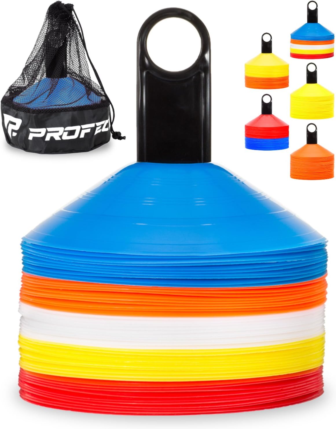 Pro Disc Cones (Set of 50) - Agility Soccer Cones with Carry Bag and Holder for Training, Football, Kids, Sports, Field Cone Markers - Includes Top 15 Drills Book