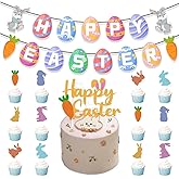 Easter Decorations Kit Bunny Party Supplies Happy Easter Banner and Cake Topper Colorful Bunny Cupcake Toppers for Rabbit Spring Party Fireplace Classroom Wall Decorations Supplies