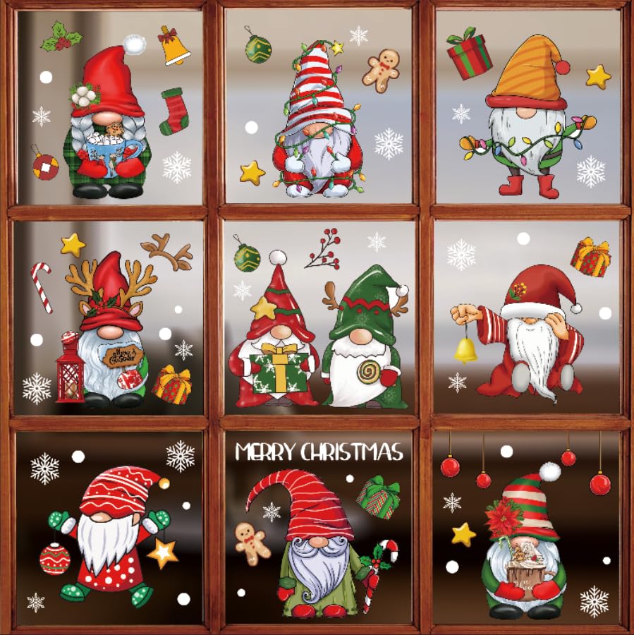 HPNIUB Christmas Window Clings,Xmas Santa Claus Wall Stickers,Dwarf Snowman Wall Decals,Red Christmas Window Clings,Winter Snow Frozen Themed Decals for Home Room Office Nursery