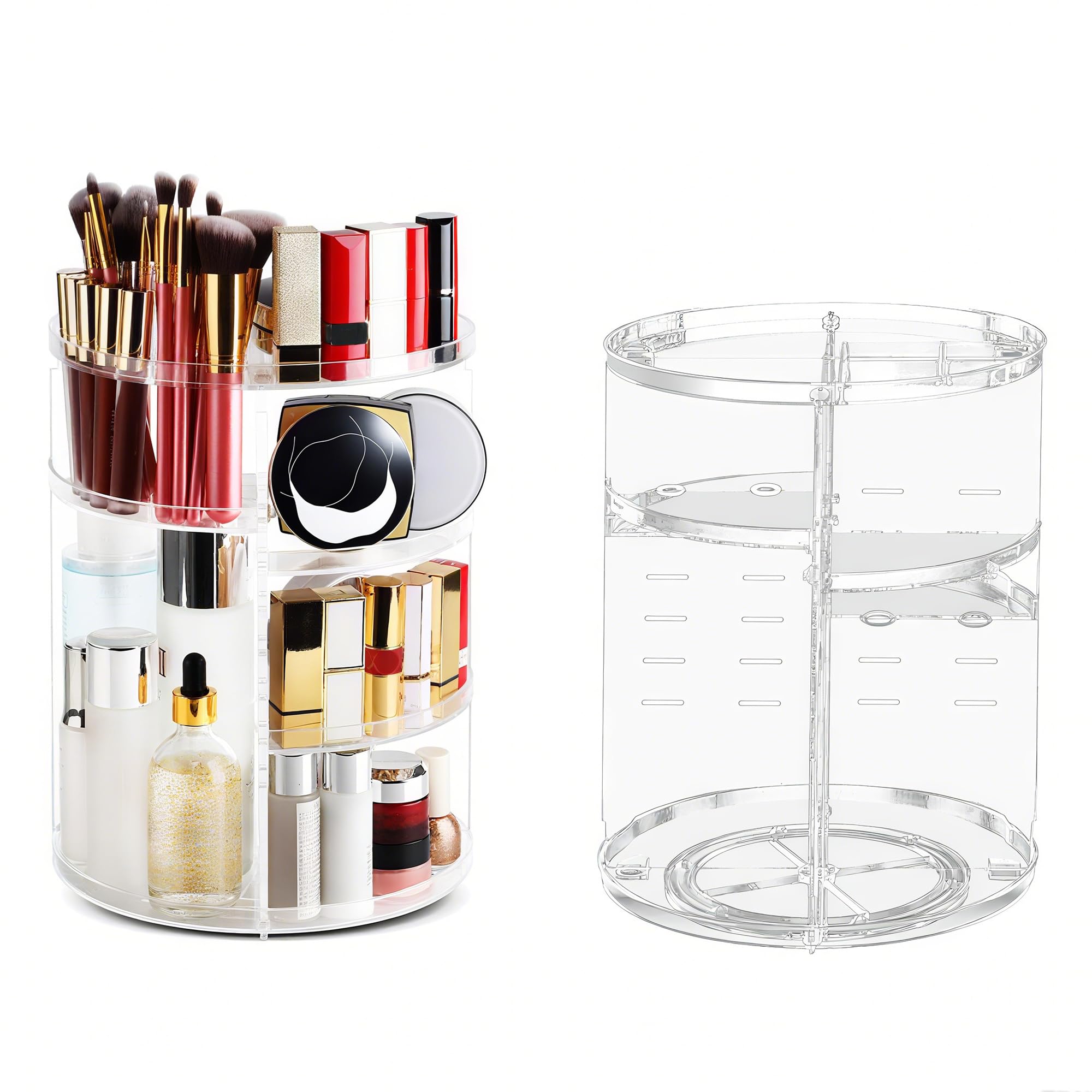 LucyStudio Rotating Makeup Organizer 360 Degree Spinning Adjustable Transparent Make Up Display Storage Holder Large Capacity Cosmetic Organiser for Dresser Bedroom Bathroom