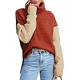 Dokotoo Womens Turtleneck Sweaters Casual Long Sleeve Color Block Side Slit Pullover Knit Jumper Tops