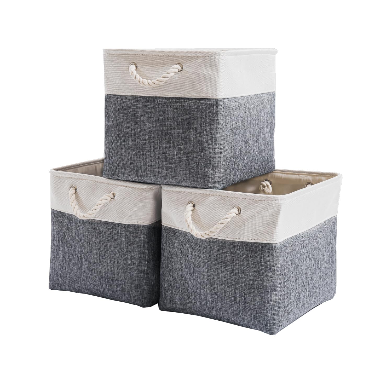 Mangata Fabric Storage Boxes, 33x33x33cm Cube Storage Unit Boxes Storage Baskets for Organizing Clothes Shelf Nursery Home Closet(Cold Grey&White, Set of 3)