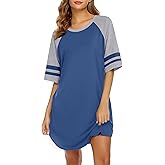 Ekouaer Cotton Nightgowns for Women Short Sleeve Sleep Shirts Crew Neck Night Shirts Soft Color Block Night Gown