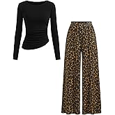 CIDER Womens Leopard Print Wide Leg Pants High Waist Casual Trousers