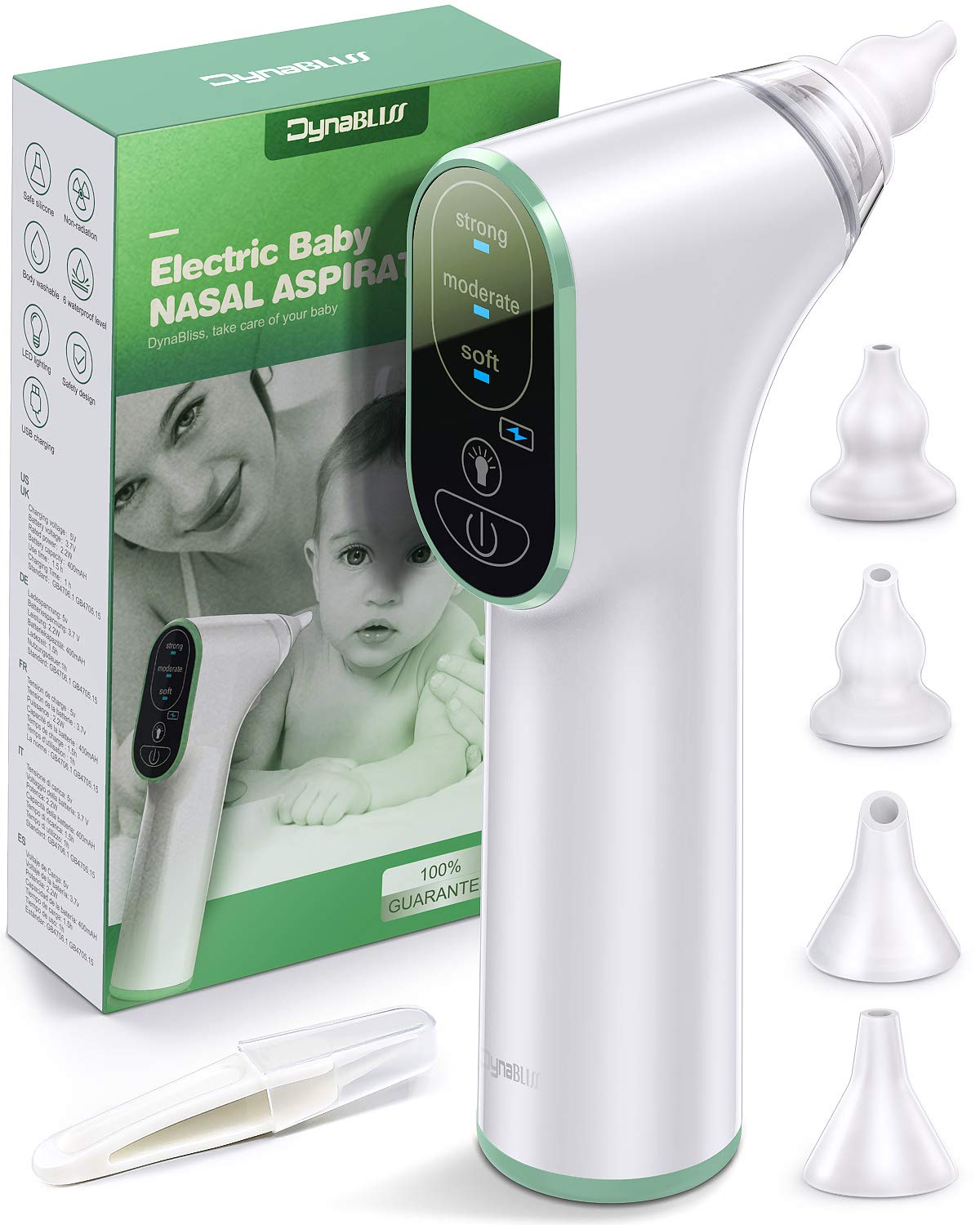 Nasensauger Baby Elektrisch, DynaBliss Nasensaug Baby Staubsaug USB Aufladen Medizinisches Silikon mit 3 Saugstärken und 4 Größen Silikon Tipps Tragbar Nasensauger