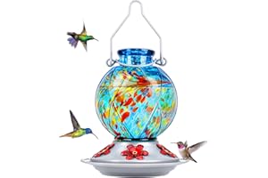 BOLITE Hummingbird Feeder, 18016G Hummingbird Feeders for Outdoors Hanging, Hand Blown Glass, Meshy Texture Ball Shape Bottle, 5 Feeding Ports with Perch, 20 Ounces, Blue