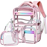 Clear Backpack for Girls with Lunch Bag, Heavy Duty Transparent Backpack Stadium Approved, TPU Waterproof Pink Bookpack with Reflective Strips, Large Clear Backbag for School Travel Work Concert