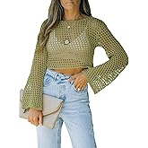Womens Fishnet Crochet Crop Top Sexy Long Sleeve See Through Hollow Out Mesh Bikini Cover Ups