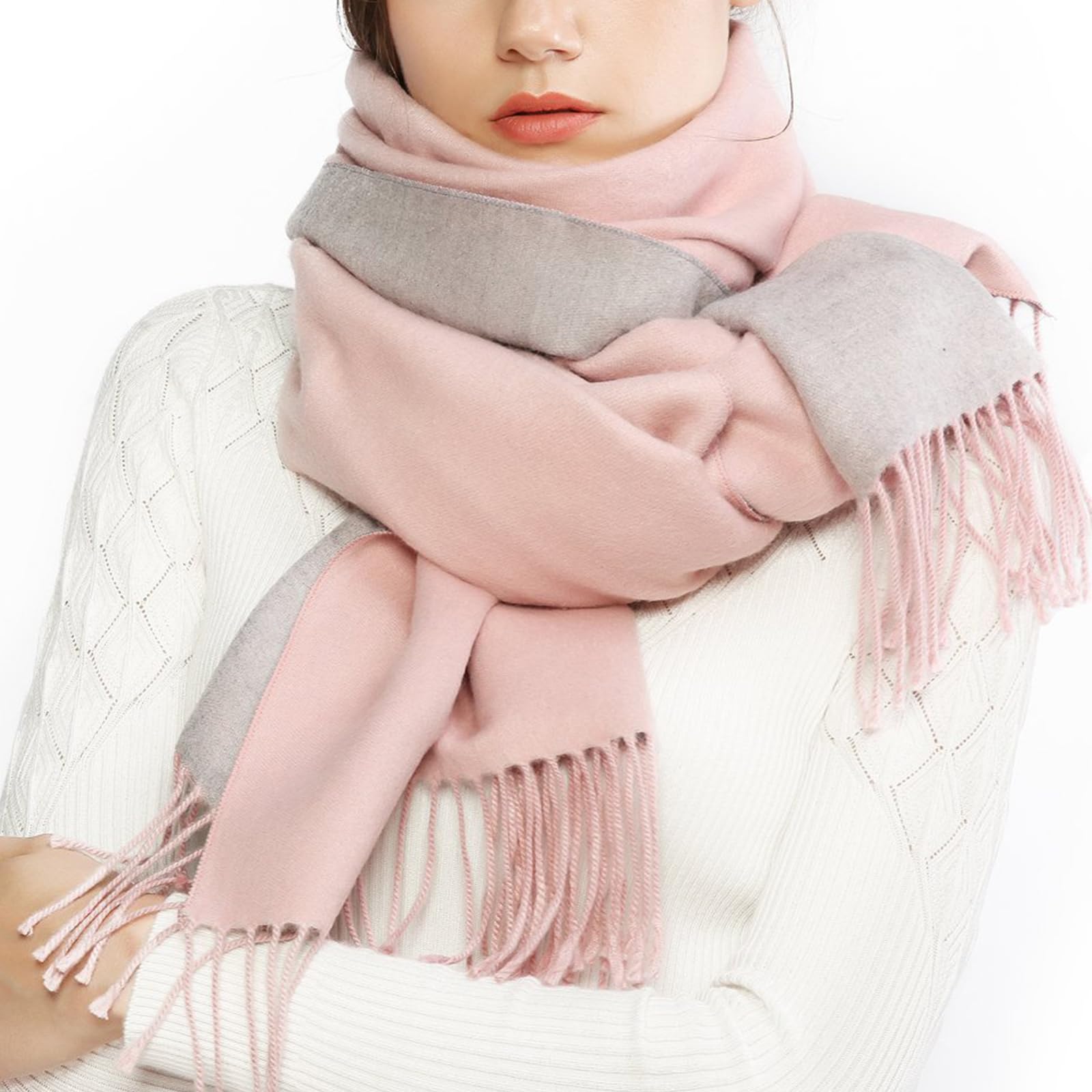 RIIQIICHY Warm Winter Women Scarf Ladies Reversible Pashmina Shawl Wraps Cashmere Feel Pink and Grey