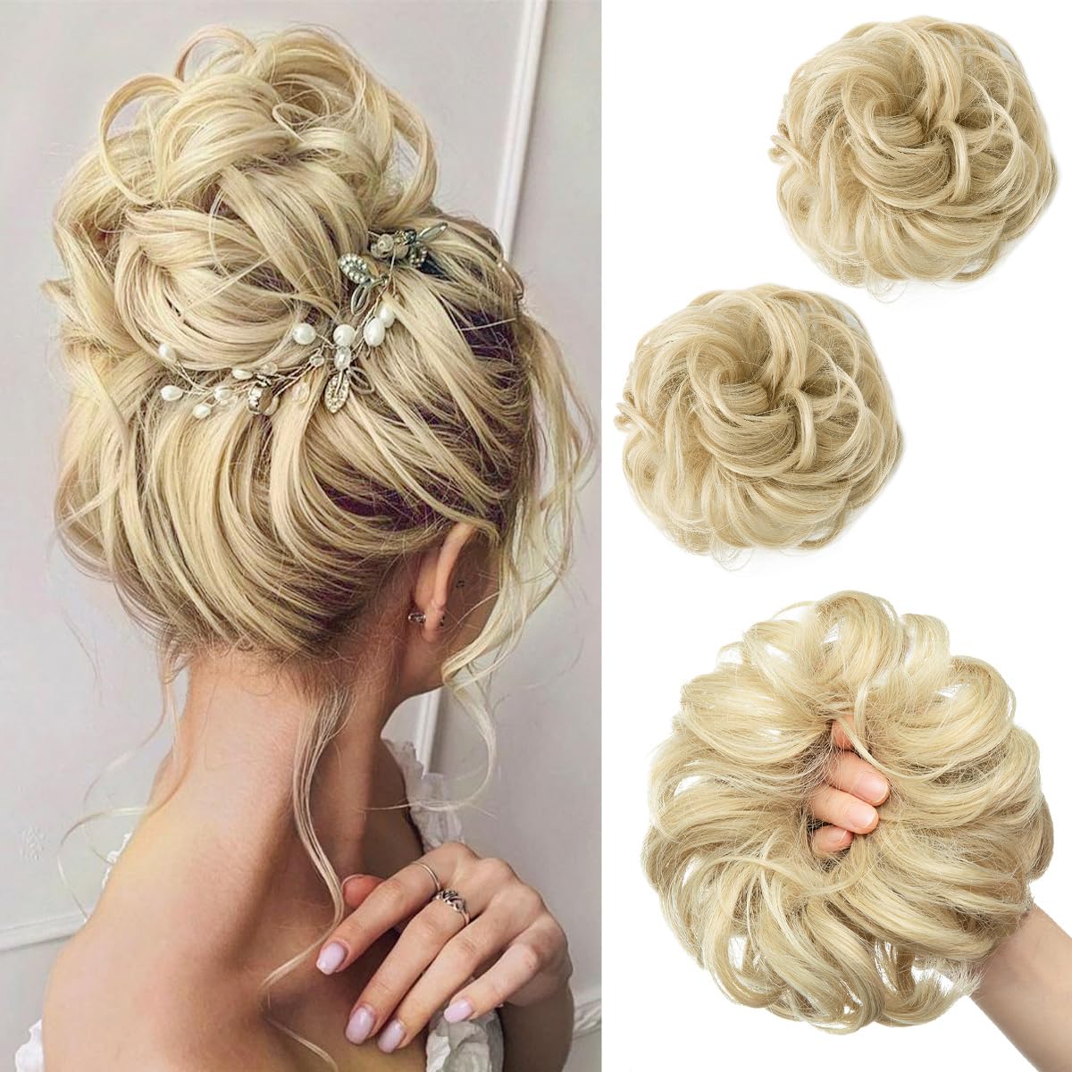 SARLA 2PCS Messy Bun Hair Pieces for Womens Synthetic Scrunchies Buns Extension Hairpieces Updo Pony Tail Ash Blonde — image 1
