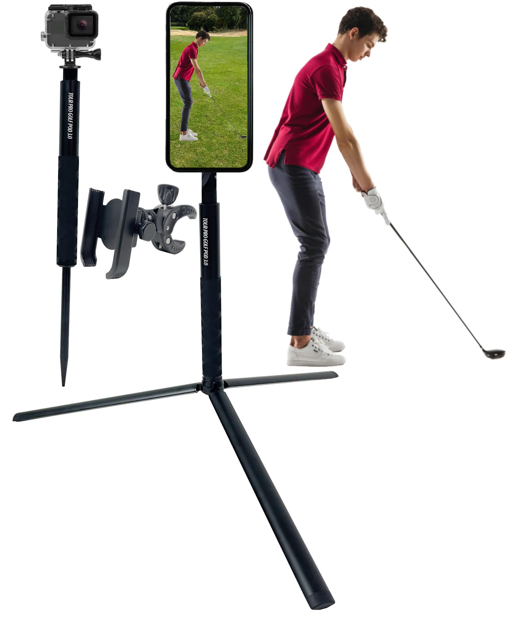 Tour Pro Golf Pod 3.0 Height Adjustable Magnetic Phone Tripod Monopod Spike Stand Selfie Stick Training Aid Built to Record Golf Swing Magsafe Compatible All Phones & ¼” Cameras. Great Gift