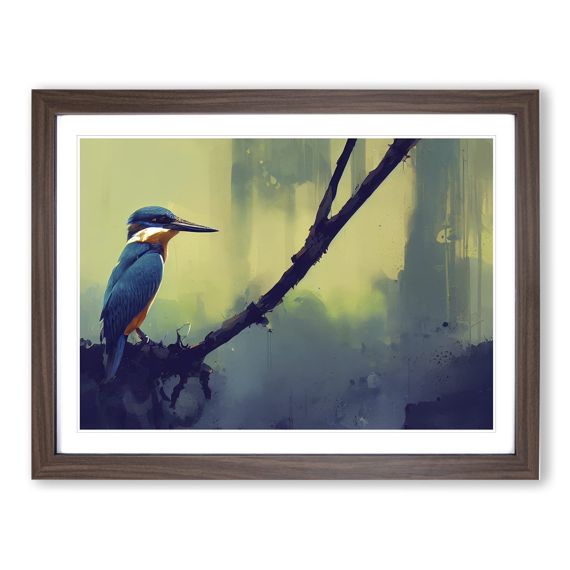Kingfisher Bird Art Painting Vol.2 Framed Print | A4 Walnut Framed Wall Art | Ready to Hang | Modern Historical Picture | Living Room Bedroom Lounge Office