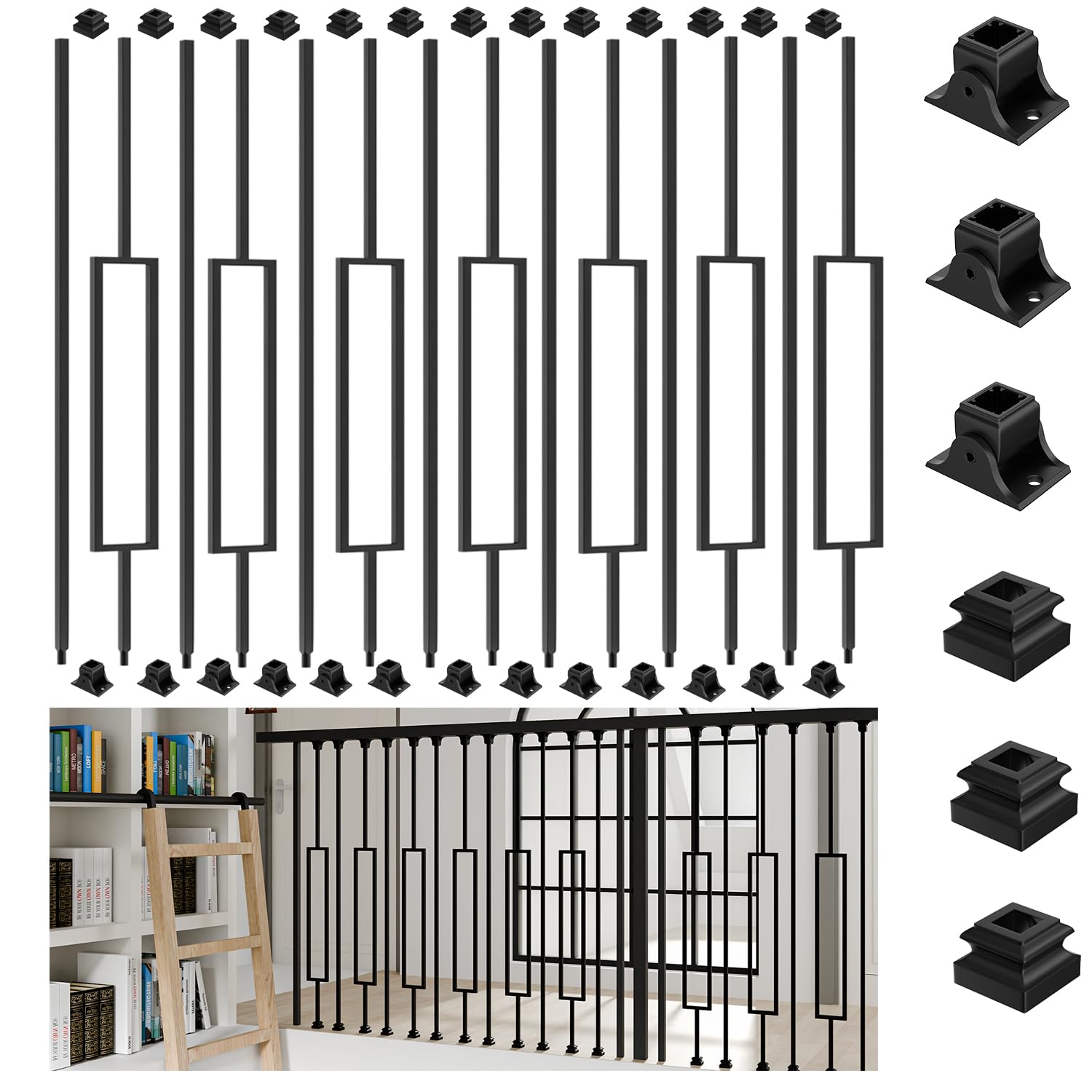 Photo 1 of 16 Pack Rectangular Iron Balusters For Staircase Interior,Wrought Iron Spindles for Staircase Indoor,1/2" Hollow Black Metal Stairway,Square Banister Spindles Stair Balusters with 32 Pack Swivel Shoes