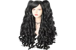ANOGOL Black Cosplay Wig With Clip-on Ponytails Long Curly Wigs with Bangs for Halloween Costume Party for Girls Women 22 Inch Heat Resistant Synthetic Curly Wig