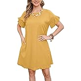 CHARTOU Women Loose Linen Mini Dress Summer Modest Frayed T Shirt Flowy Ruffle Short Sleeve Shift Dress Pocket