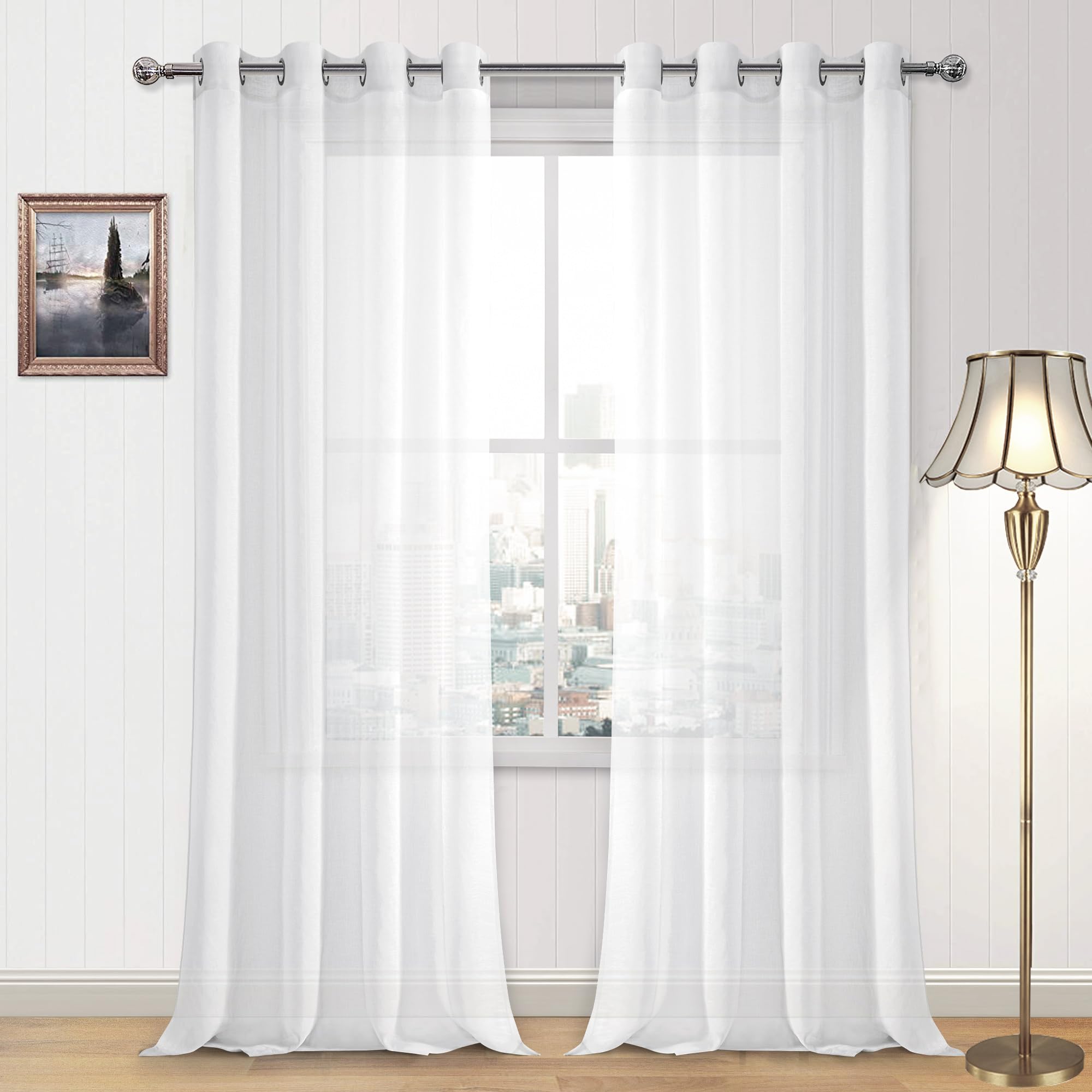 DWCN White Sheer Curtains for Living Room Bedroom - Faux Linen Look Voile Drapes Grommet Top Window Curtain Panel 52 x 120 Inches Long, Set of 2 Panels