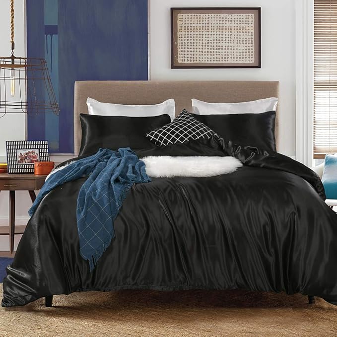 Black Bedding Silk Like Satin Duvet Cover Set Black Silky