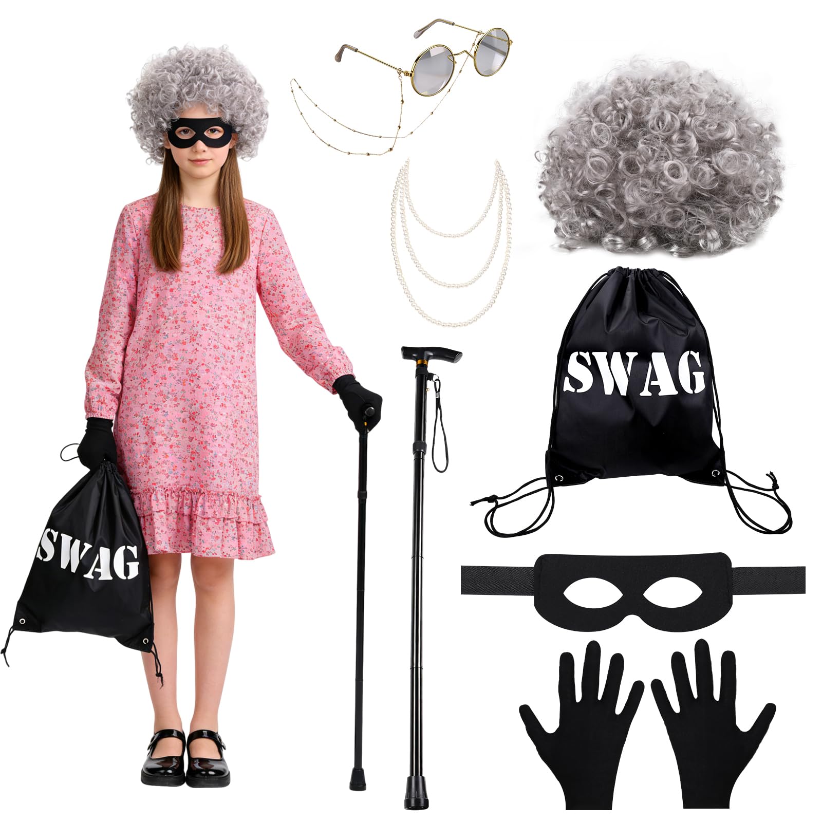 gyoyede Gangster Granny Costume Set,World Book Day Costumes for Kids 2026 - Grey Wig, Robber Eye Mask, Swag Bag, Pearl Necklace and Cane for Storybook WBD Fancy Dress Up Cosplay Party Accessories