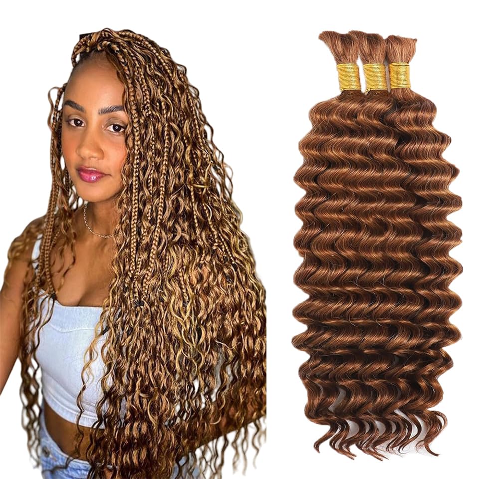 View 1 of #30 Brown Braiding Human Hair for Boho Braiding Human hair 3 Bundles 18 18 18 Inch Light Brown Deep Wave Boho Hair for Bulk Braiding Knotless Bohemian Hair Extensions150g