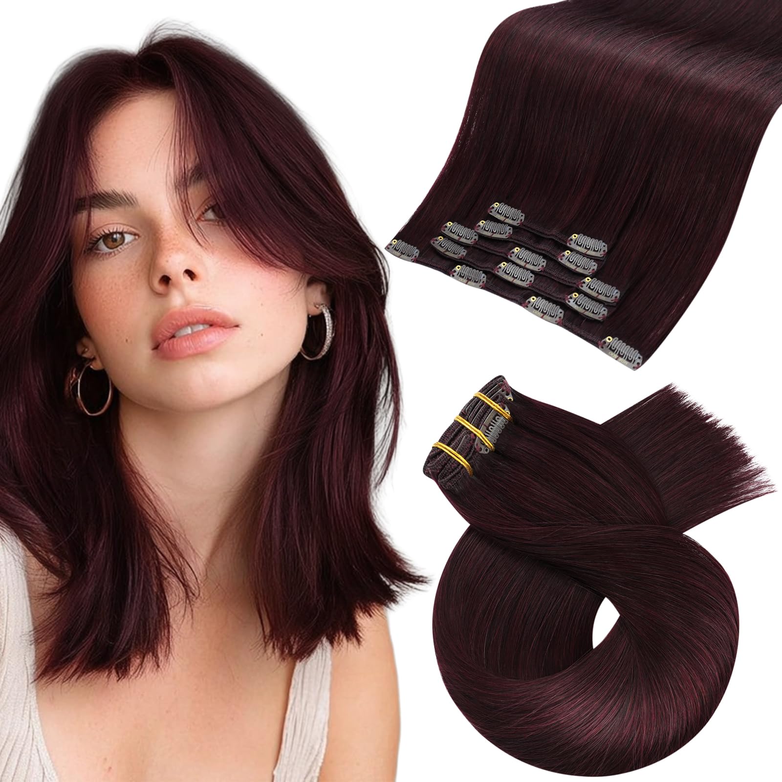 Moresoo Clip in Hair Extensions Real Human Hair Burgundy Red 14 Inch 5pcs/80g Hairpieces for Women Red Double Wefted Clip in Human Hair Extensions #99J