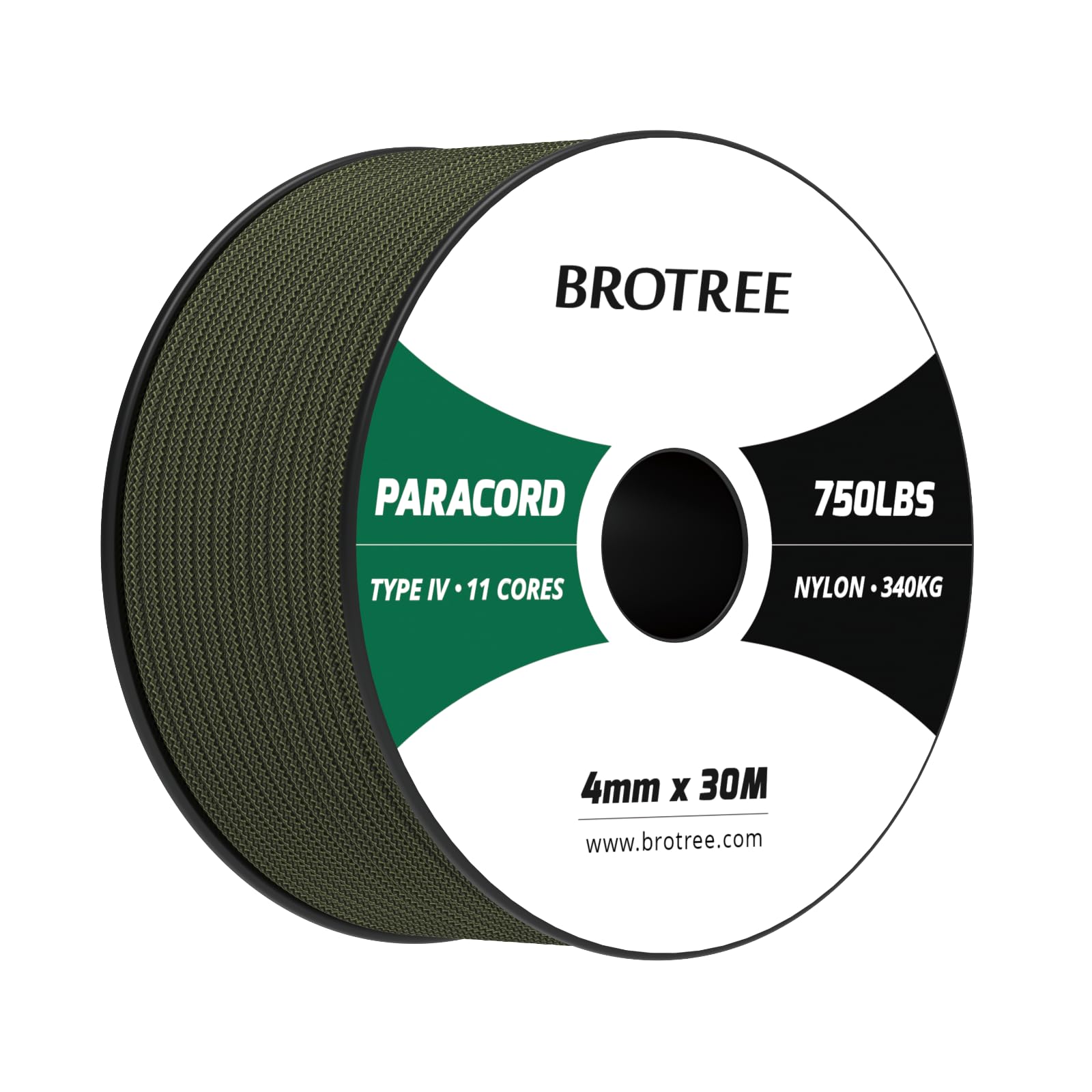 Brotree Paracord 4mm 30M 100% Nylon Rope 11 Strands 750lb Parachute Cord Type IV for Survival, Outdoor and DIY - 340kg Breaking Load (Army Green)