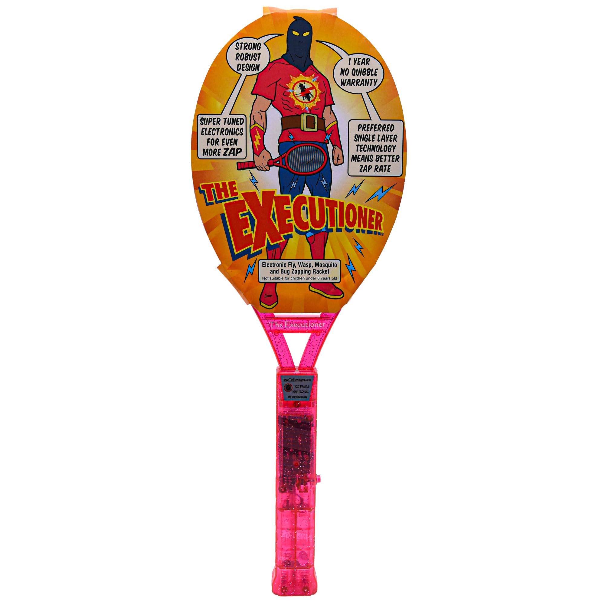 The Executioner Coloured Mosquito, Fly, Wasp, Bug, Insect Swatter/Killer and Bug Zapper Racket Single Layer, ideal for Zapping Indoor or Outdoor, Long Handle (Pink)