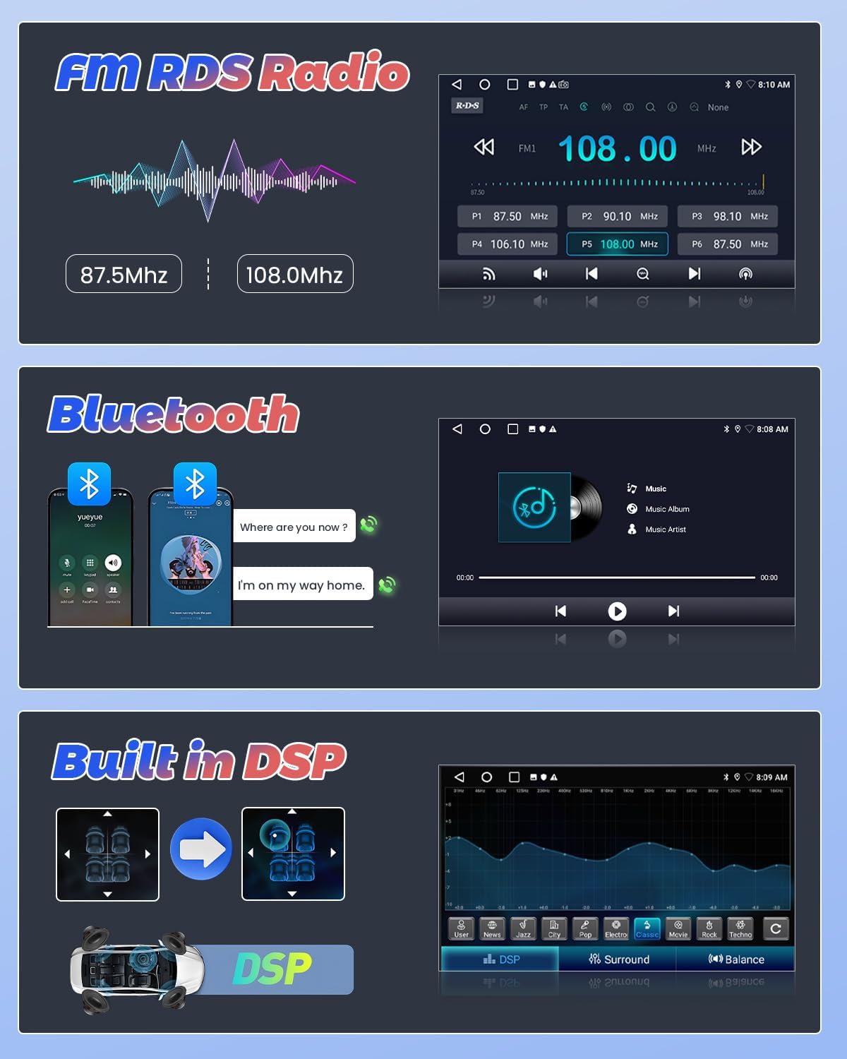 FM RDS Radio, Bluetooth, and Built-in DSP features