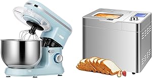VIVOHOME Stand Mixer, 650W 6 Speed 6 Quart Tilt-Head Kitchen Electric Food Mixer Blue & 110V 550W 25 in 1 Stainless Steel Automatic Gluten Free Bread Maker Machine