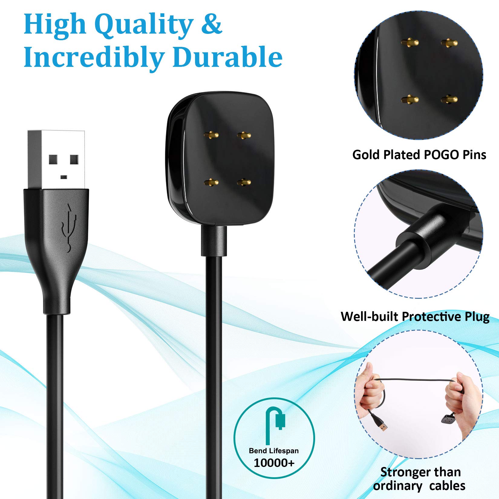 Maledan Compatible with Fitbit Sense & Fitbit Versa 3 Charger Replacement USB Charging Cable Dock Stand for Sense 2/Sense/Versa 4/Versa 3 Smartwatch, 2 Pack 3.3Ft Durable Portable Charger Dock Cord