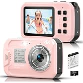 4K 64MP Underwater Camera Autofocus IPS HD Screen 16X Digital Zoom Fill Light, Floatable Waterproof Digital Camera, 16FT, Includes 16GB Card for Surfing Snorkeling Swimming, Pink