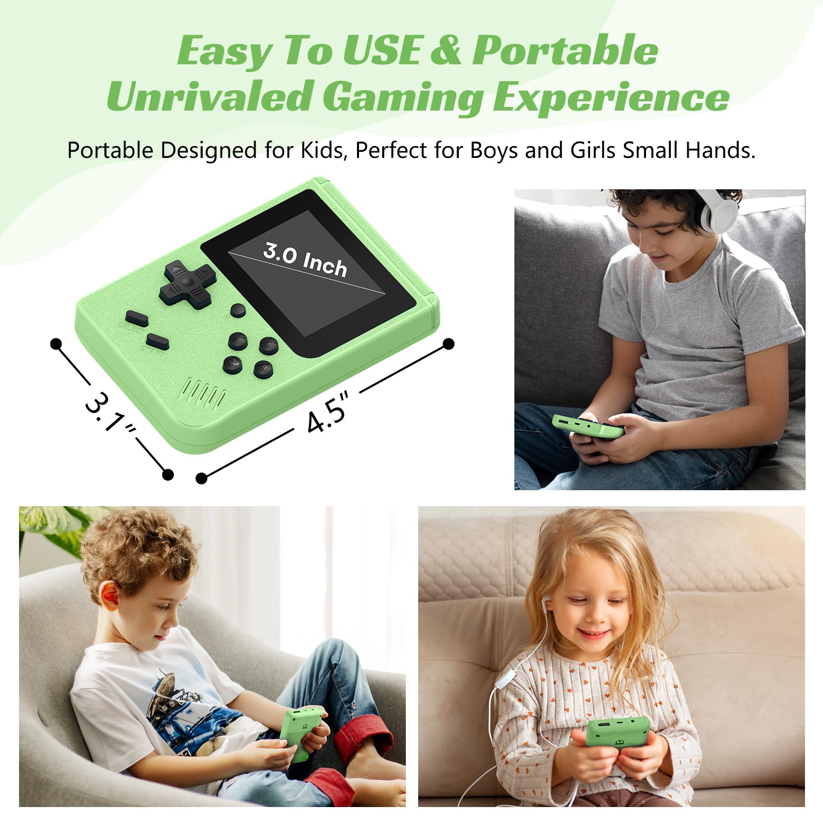 Retro Handheld Games Console, Built-in 400 Video Games,Portable Video Gaming Player with 3.0 Inch IPS Screen and Rechargeable Battery (Green)