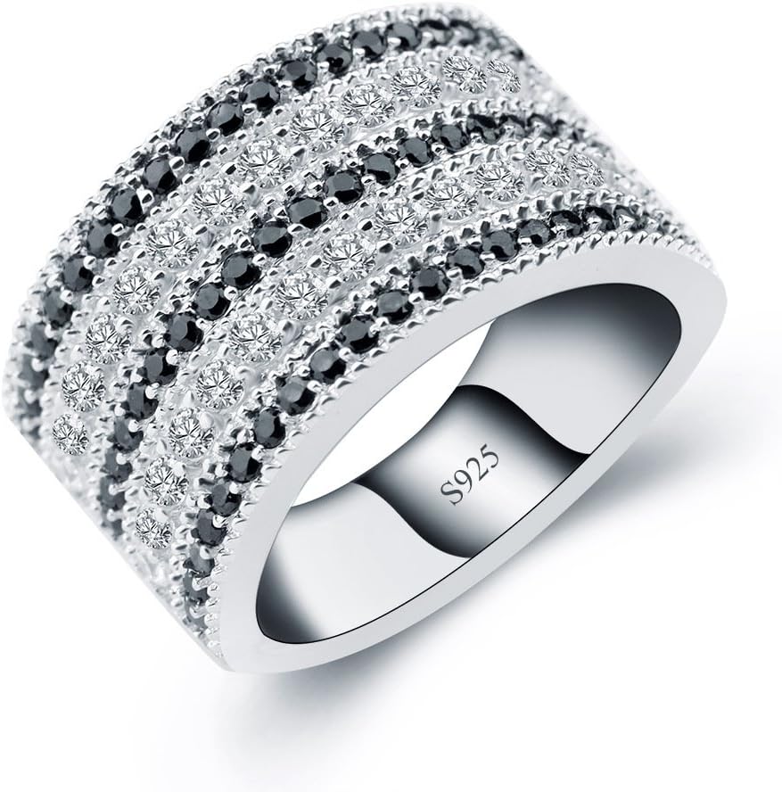 ANGG Classical 925 Sterling Silver Ring for Women Black and White Cubic Zirconia Wedding & Engagement Jewelry