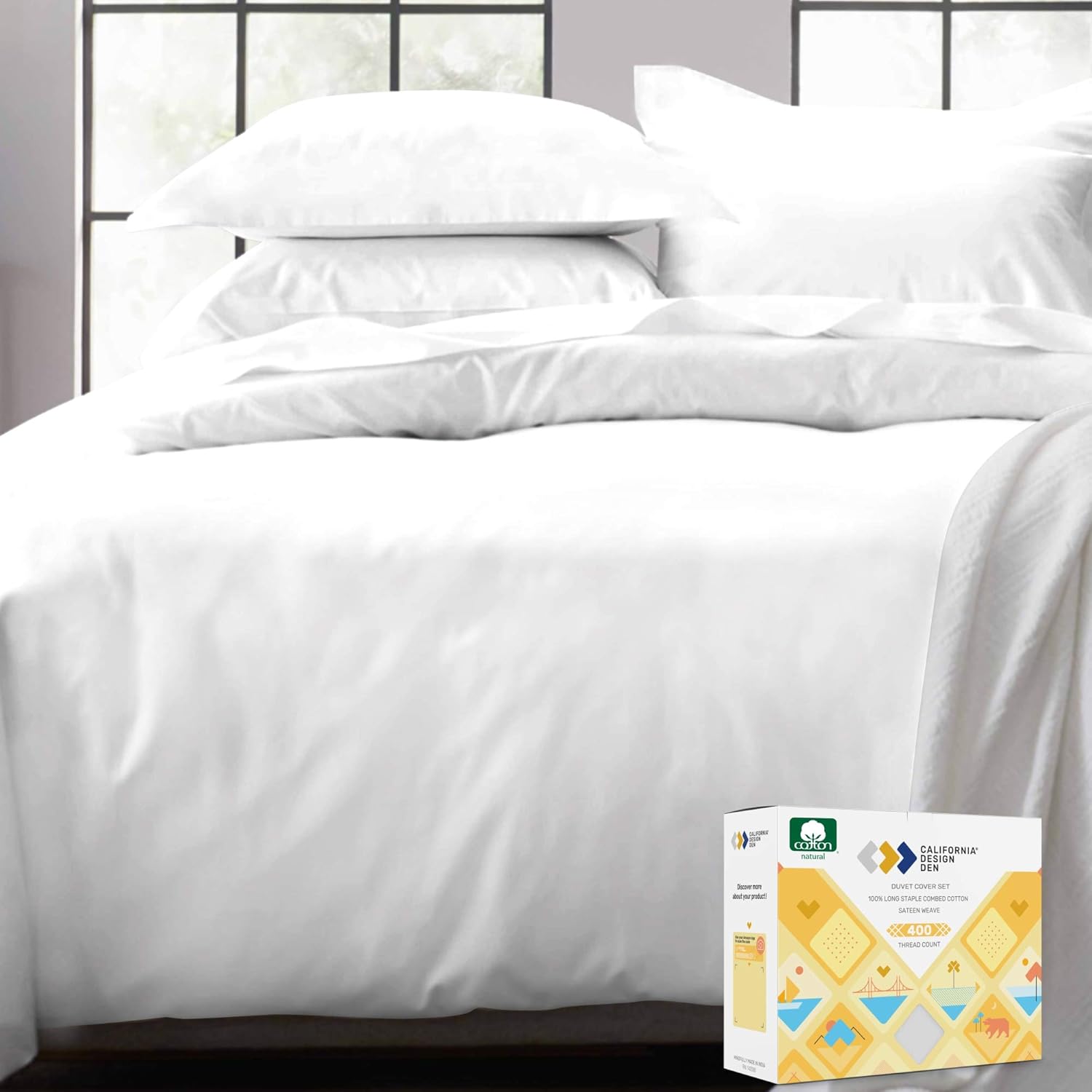 California Design Den 100% Real Cotton Duvet Cover - Premium 400 Thread Count, Comforter Cover, Smooth Sateen Weave, Button Closure and Corner Ties (1 Piece, Pure White, Full/Queen): Home & Kitchen