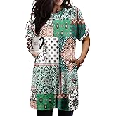 KISSMODA Women's Tunics or Tops to Wear with Leggings Short Sleeve Casual Long Tunics with Pockets T Shirts Loose S-3XL