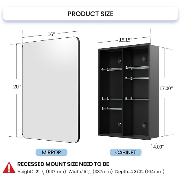 MEMOCASTLE BLACK MEDICINE CABINET WITH MIRROR 16X20 INCH, SMALL BATHROOM WALL CABINET WITH STORAGE, MODERN MATTE FINISH, 6 ADJUSTABLE GLASS SHELVES, SILENT SOFT CLOSE, RUST PROOF ALUMINUM ORGANIZER