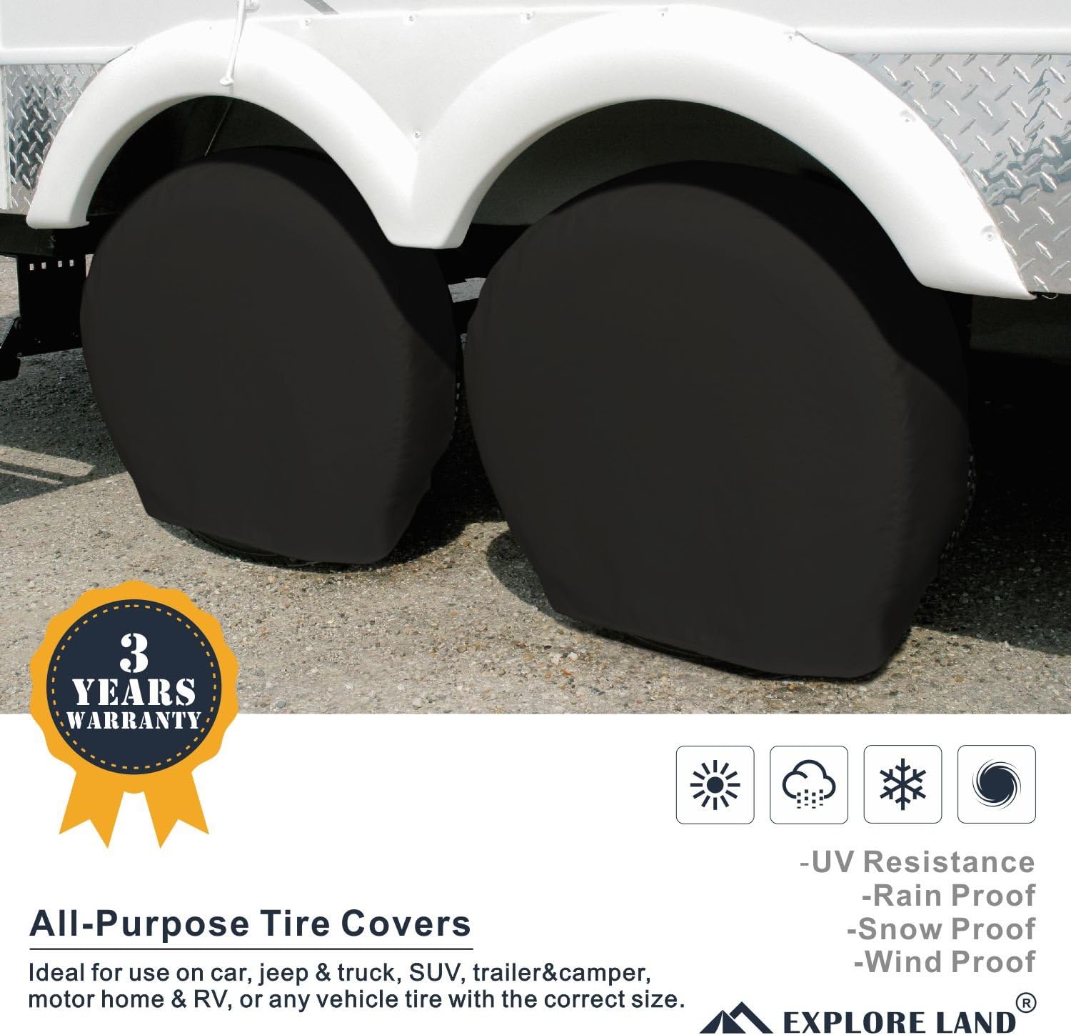 Explore Land Tire Covers 4 Pack - Tough Tire Wheel Protector For Truck, SUV, Trailer, Camper, RV - Universal Fits Tire Diameters 23-25.75 inches, Black: Automotive
